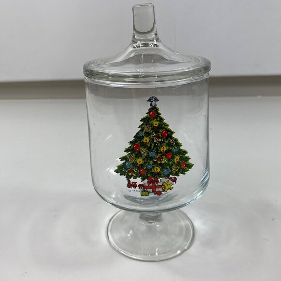 Vintage Christmas Tree Glass Jar With Lid By Sabin - Angel Topper Teddy Bear Tra - Picture 1 of 9